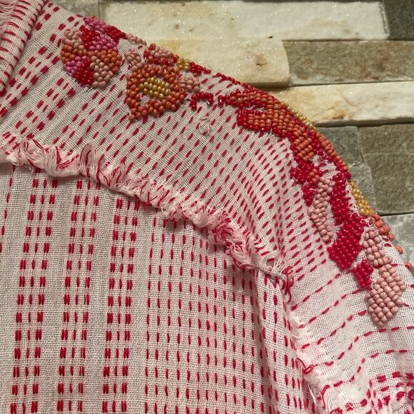 Johnny Was S Embroidered Beaded Top | Red Boho Tunic Peasant Blouse + Pockets - Picture 9 of 12